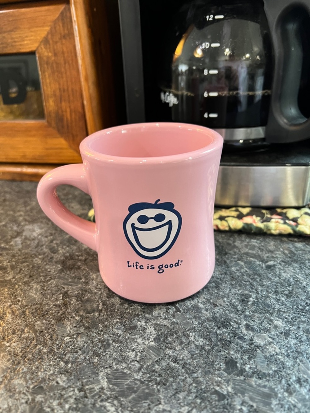 Life Is Good Pink Ceramic Mug with Navy Smile Logo
